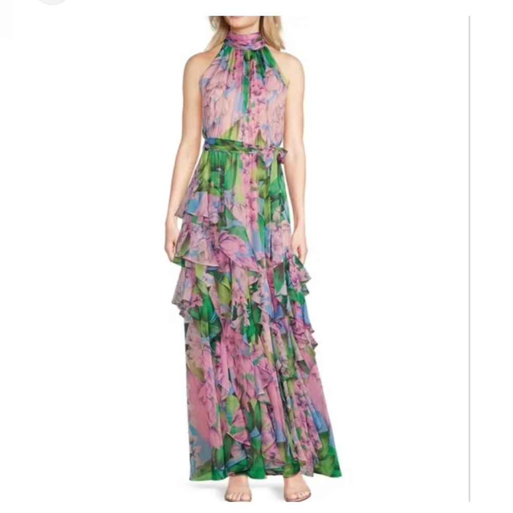 Alex Marie Pink and Green Floral Halter Maxi Dress